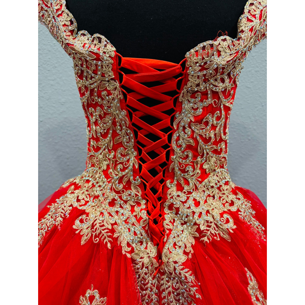 Chicas Red & Gold Ball Gown Dress | Size Large | Off-Shoulder Glitter Tulle - Picture 6 of 16